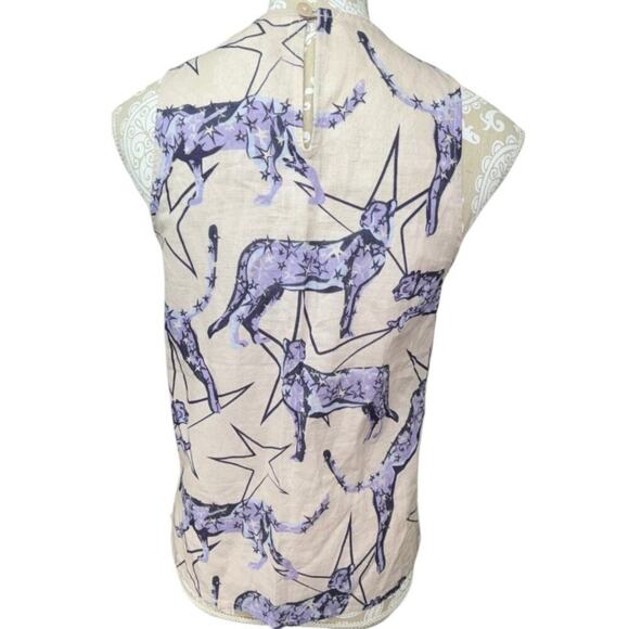 NWT Las Surenas Linen Sleeveless Top Blue Leopard Stars Summer Beach Medium $132 - Picture 5 of 5